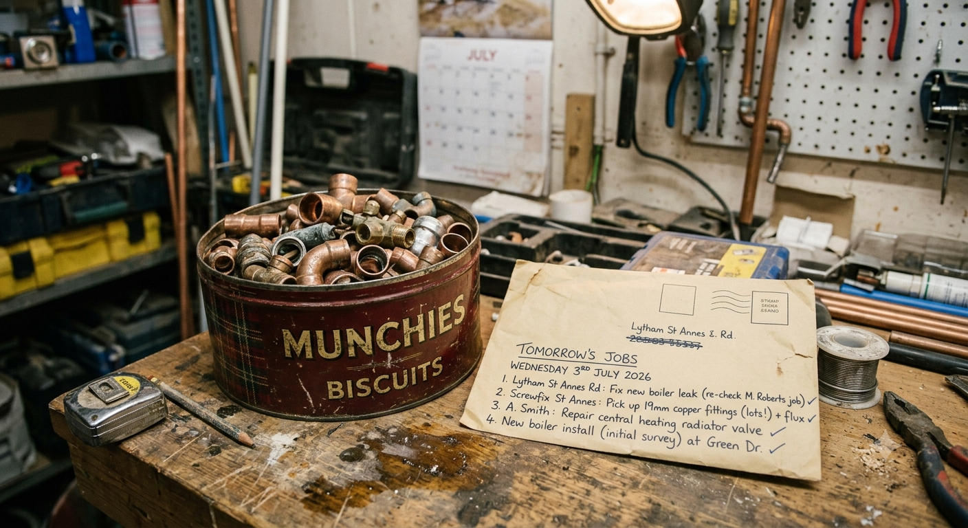 Workshop bench — copper fittings in a Munchies tin, tomorrow's jobs scribbled on an envelope
