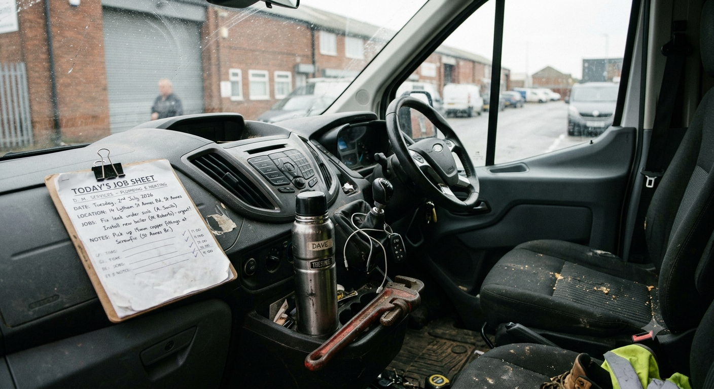Inside the Thames Flow van — job sheet on the dash, thermos labelled Dave, pipe wrench on the seat